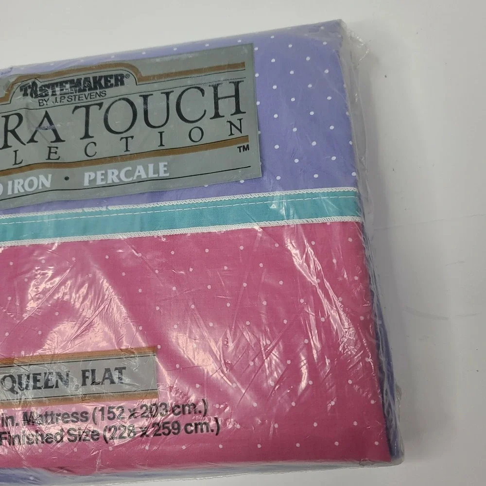 Vintage Taste Maker No Iron Percale Pink/purple polka dot Queen Flat Sheet USA